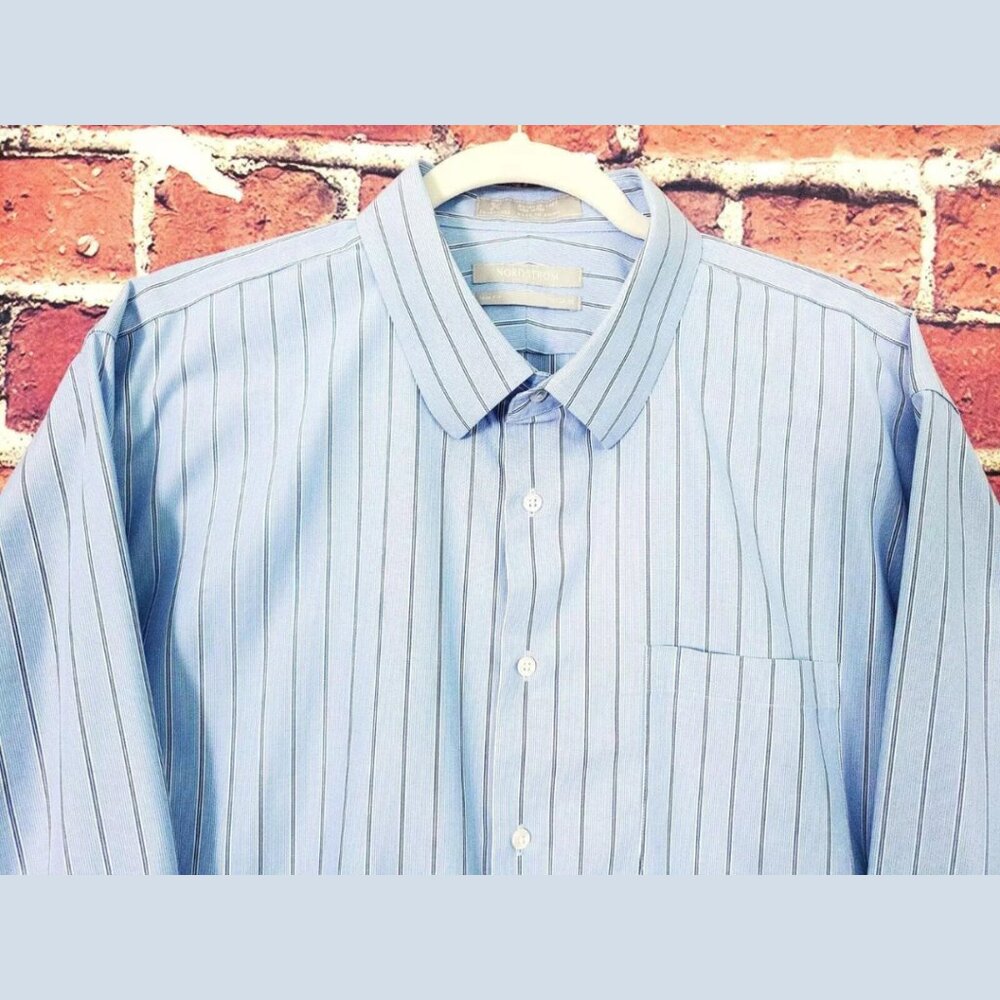 Nordstrom Mens Trim Fit Smartcare 17.5 34/35 Blue Striped Cotton Dress Shirt